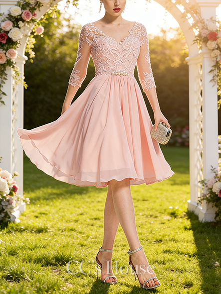 A-line Cute V-Neck Knee-Length Chiffon Lace Wedding Dress With Beading