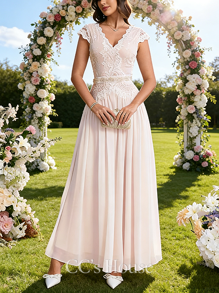 V-Neck A-Line Bridal Gown - Floor-Length Lace Chiffon Wedding Dress with Elegant Cape