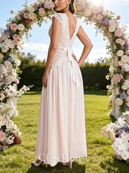 V-Neck A-Line Bridal Gown - Floor-Length Lace Chiffon Wedding Dress with Elegant Cape