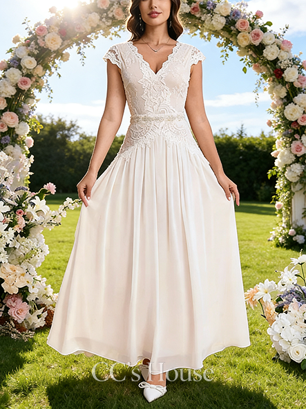 V-Neck A-Line Bridal Gown - Floor-Length Lace Chiffon Wedding Dress with Elegant Cape