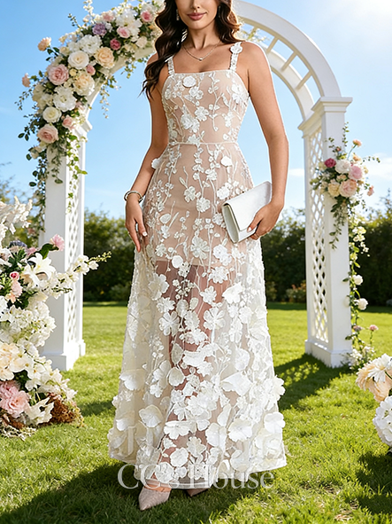 Square Neck A-Line Bridal Gown - Floor-Length Lace Wedding Dress with Delicate Embroidered Flowers