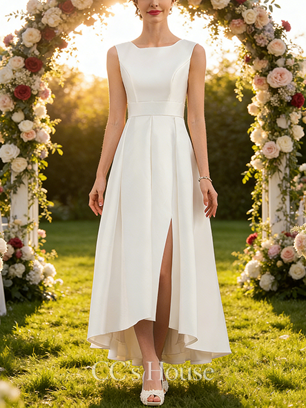 A-line Elegant Square Asymmetrical Satin Wedding Dress