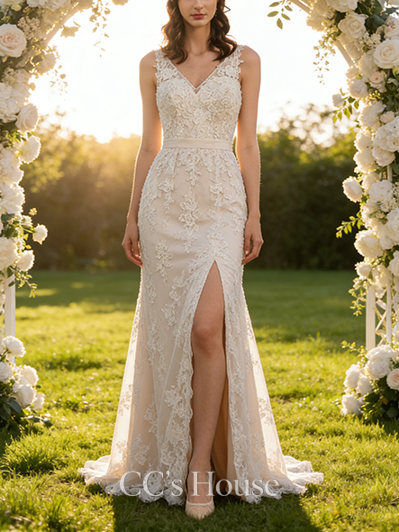 A-line Sweet V-Neck Asymmetrical Satin Tulle Lace Wedding Dress With Bow