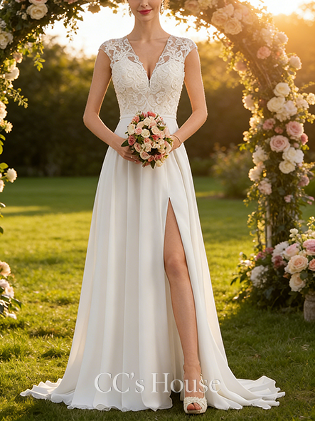 A-line Graceful V-Neck Sweep Train Lace Chiffon Wedding Dress