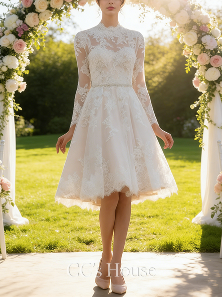 A-line Delicate Illusion Knee-Length Tulle Lace Wedding Dress