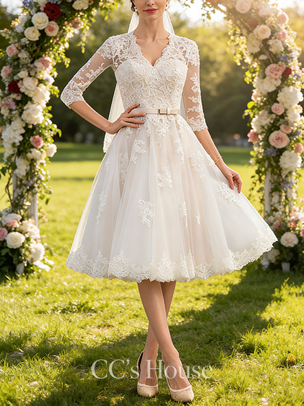A-line Cute V-Neck Knee-Length Tulle Lace Wedding Dress With Bow