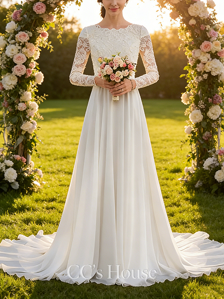 A-line Luxurious Scoop Court Train Chiffon Lace Wedding Dress With Beading