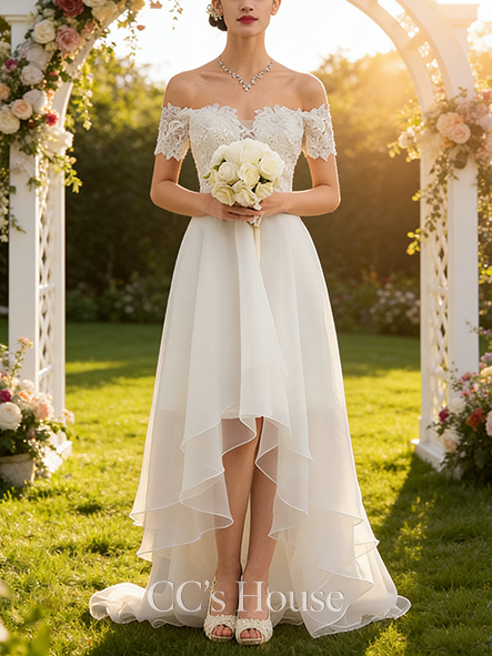 A-line Glamorous Off the Shoulder Asymmetrical Organza Lace Wedding Dress With Sequins
