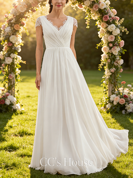 A-line Elegant V-Neck Floor-Length Lace Chiffon Wedding Dress With Cape Ruffle