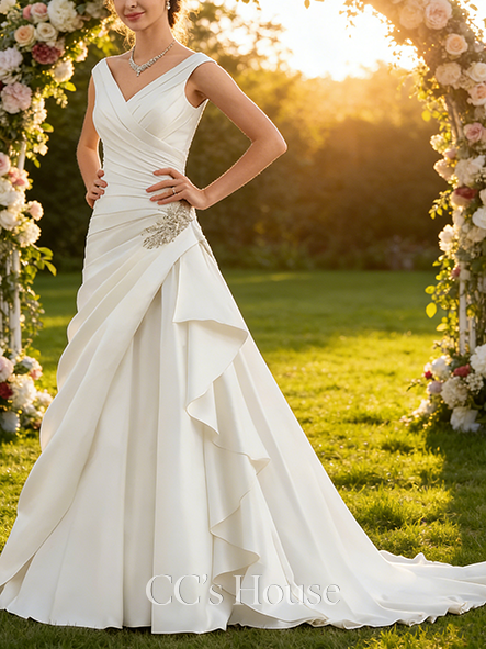 A-line Luxurious V-Neck Court Train Satin Wedding Dress With Beading