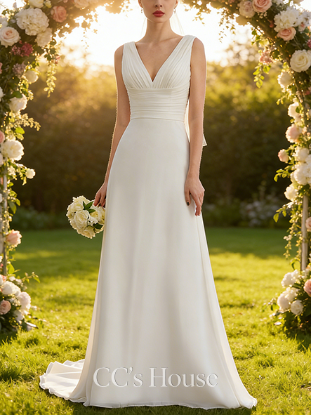 A-line Flowy V-Neck Sweep Train Lace Chiffon Wedding Dress With Ruffle