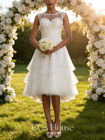 A-line Unique Illusion Asymmetrical Tulle Lace Wedding Dress With Ruffle