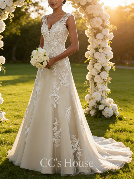 A-line Dazzling V-Neck Court Train Lace Tulle Wedding Dress With Beading Sequins