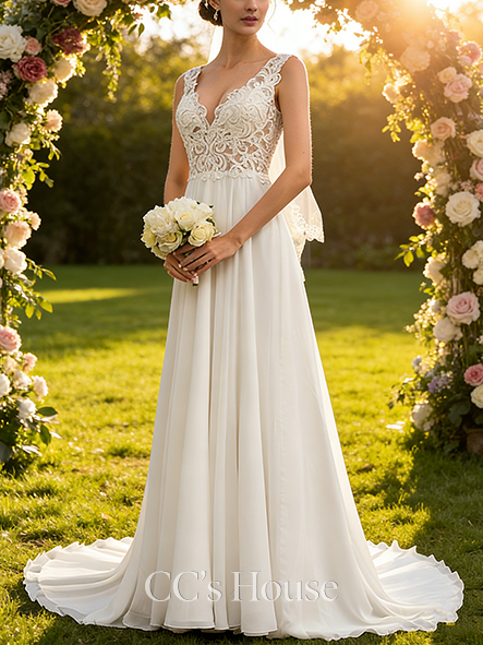A-line Elegant V-Neck Court Train Lace Chiffon Wedding Dress