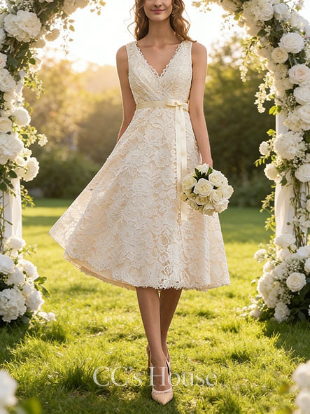 A-line Adorable V-Neck Knee-Length Lace Wedding Dress With Bow
