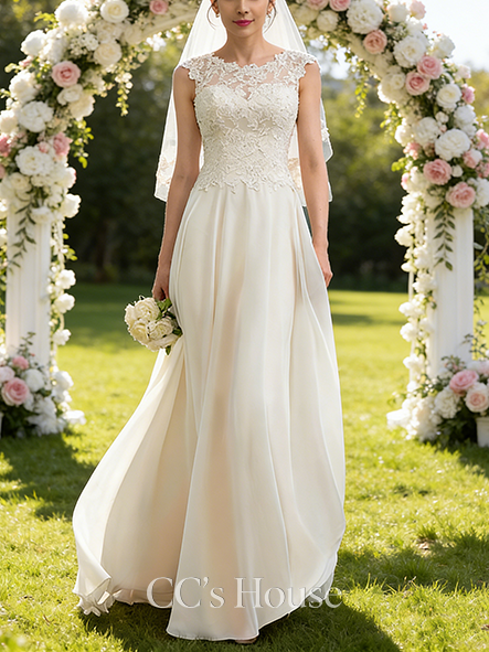 A-line Sparkling Scoop Floor-Length Chiffon Lace Wedding Dress With Sequins Beading