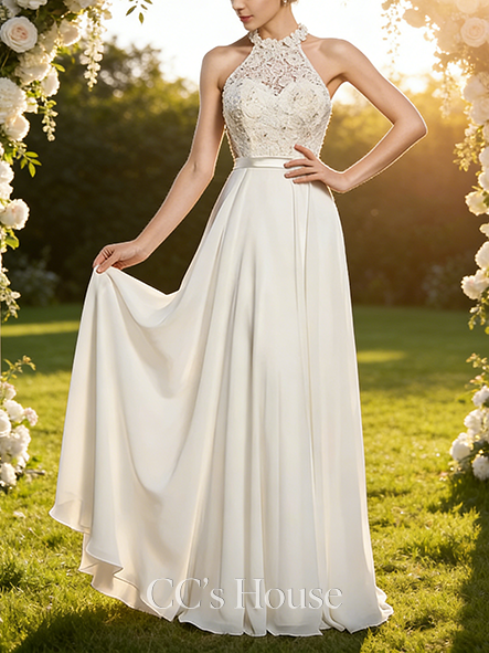 A-line Glittering High Neck Floor-Length Chiffon Lace Wedding Dress With Sequins Beading