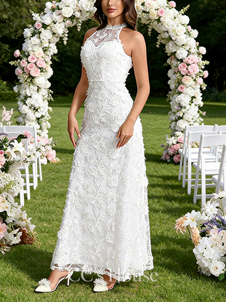 Halter Neck A-Line Bridal Gown - Floor-Length Lace Wedding Dress with Sequined Embroidered Details
