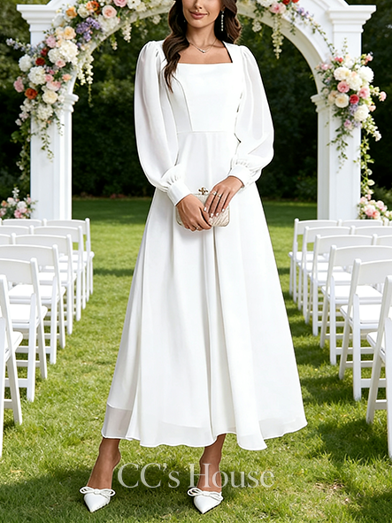 Square Neck A-Line Bridal Gown - Ankle-Length Chiffon Wedding Dress with Delicate Embroidered Accents