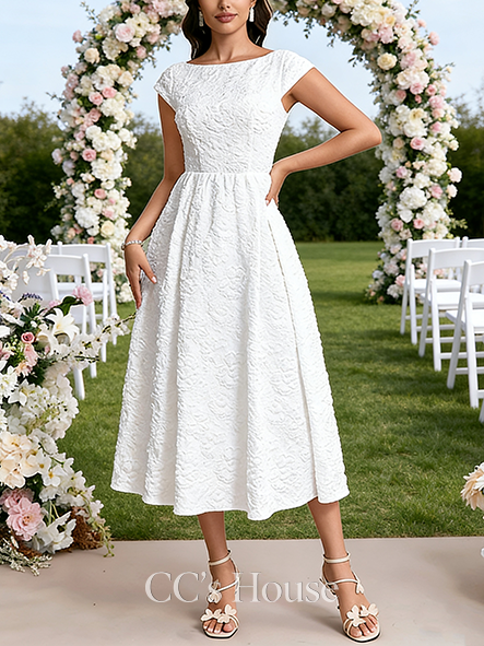 Boat Neck A-Line Bridal Gown - Tea-Length Jacquard Wedding Dress with Elegant Cape
