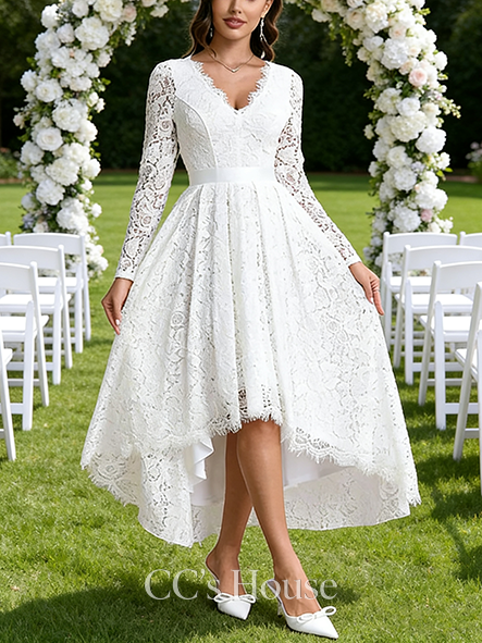 V-Neck A-Line Bridal Gown - Ankle-Length Asymmetrical Lace Wedding Dress with Ruched Details