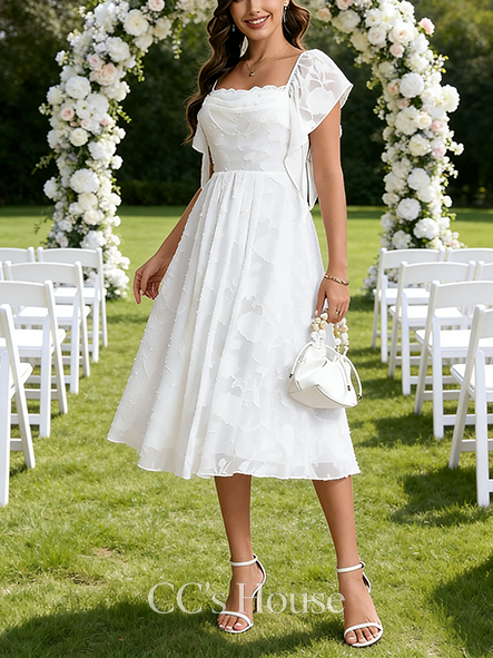 Cowl Neck A-Line Bridal Gown - Tea-Length Chiffon Wedding Dress