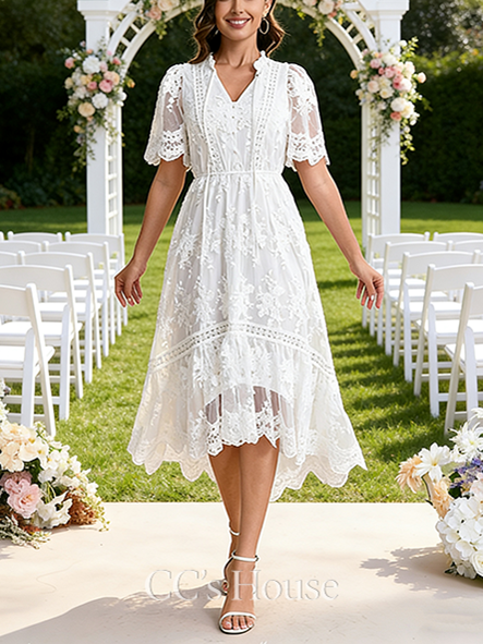 V-Neck A-Line Bridal Gown - Tea-Length Lace Wedding Dress with Exquisite Embroidered Details