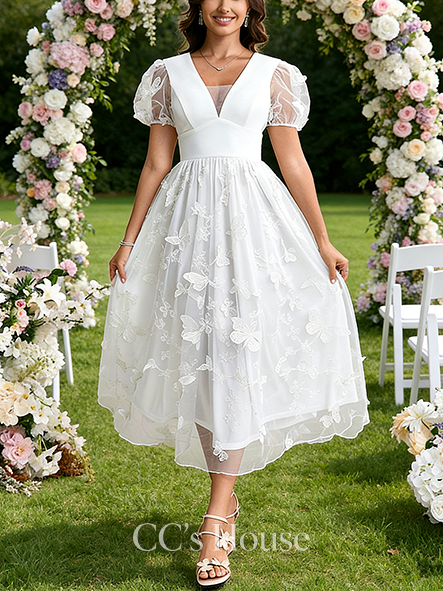 V-Neck A-Line Bridal Gown - Tea-Length Lace Wedding Dress with Elegant Embroidered Details