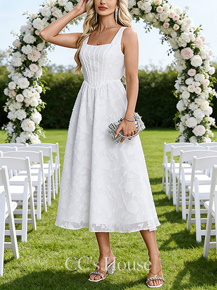 Square Neck A-Line Bridal Gown - Tea-Length Chiffon Wedding Dress