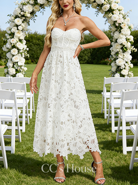 Sweetheart Neck A-Line Bridal Gown - Tea-Length Lace Wedding Dress