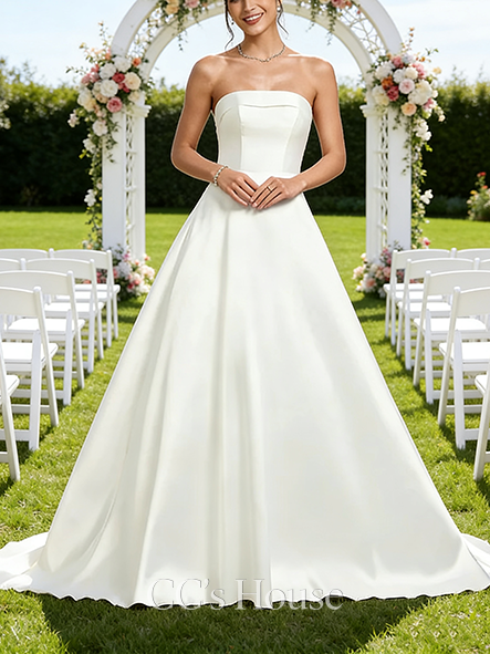 Square Neck A-Line Bridal Gown - Straight Chapel Train Satin Lace Wedding Dress