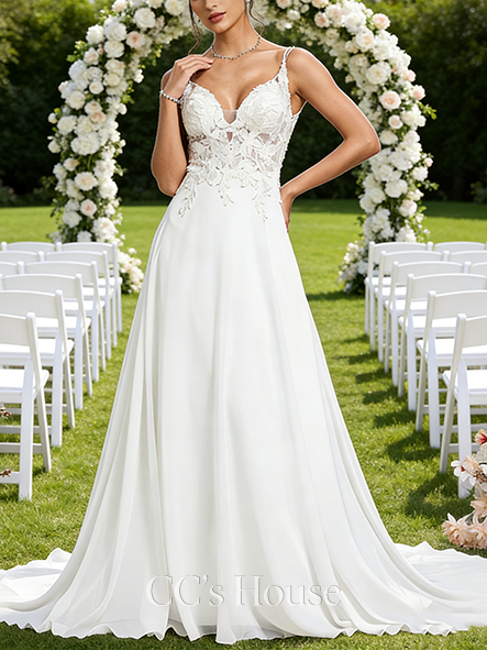 V-Neck A-Line Bridal Gown - Chapel Train Chiffon Lace Wedding Dress