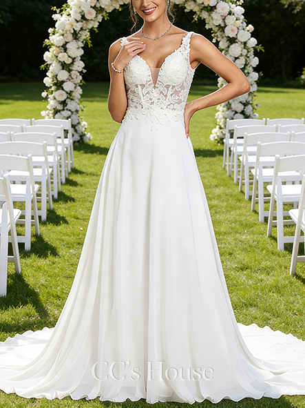 V-Neck A-Line Bridal Gown - Chapel Train Chiffon Lace Wedding Dress