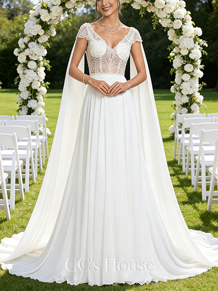 V-Neck A-Line Bridal Gown - Chapel Train Chiffon Lace Wedding Dress with Beading and Sequins