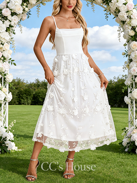 Cowl Neck A-Line Bridal Gown - Tea-Length Tulle Wedding Dress with Embroidered Accents