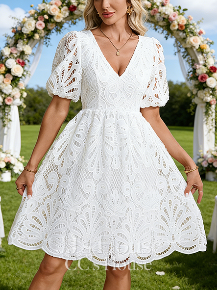 V-Neck A-Line Bridal Gown - Knee-Length Lace Wedding Dress