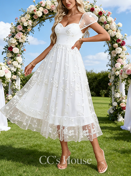 Sweetheart Neck A-Line Bridal Gown - Tea-Length Tulle Wedding Dress with Embroidered Accents