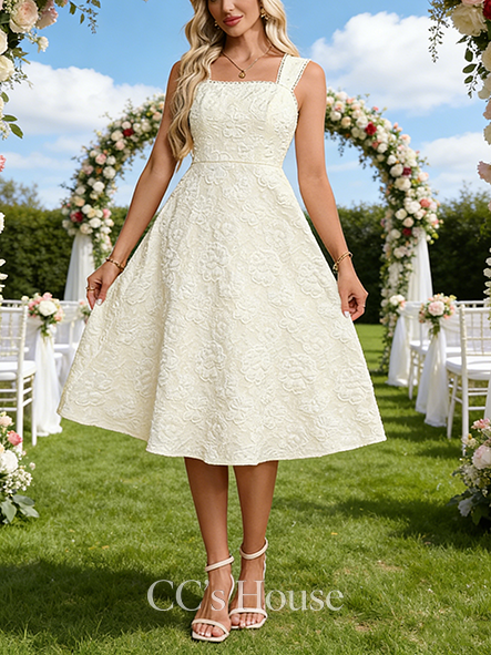 Square Neck A-Line Bridal Gown - Tea-Length Jacquard Wedding Dress