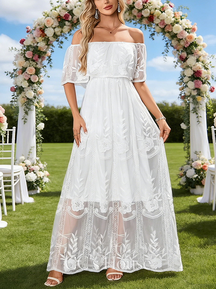 Off-the-Shoulder A-Line Bridal Gown - Floor-Length Lace Wedding Dress