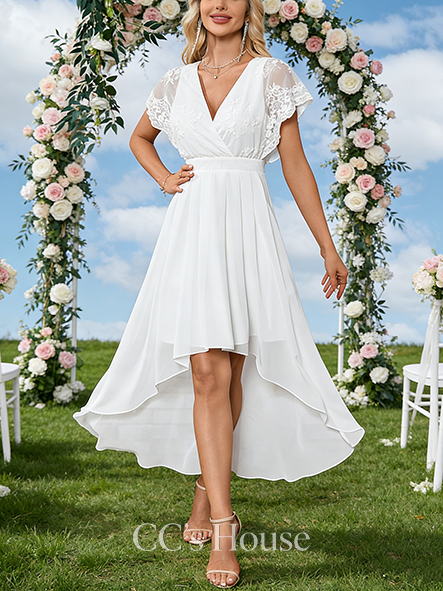 V-Neck A-Line Bridal Gown - Ankle-Length Asymmetrical Lace Chiffon Wedding Dress