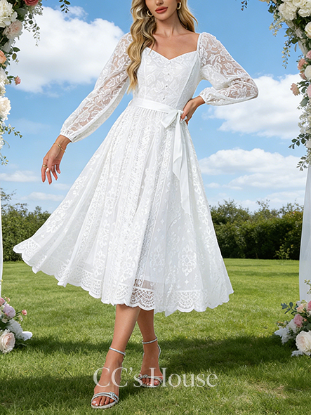 Sweetheart Neck A-Line Bridal Gown - Tea-Length Lace Wedding Dress