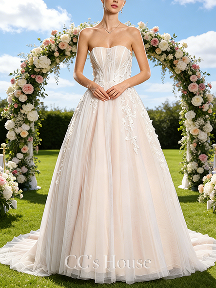 Straight Neck Off-the-Shoulder A-Line Bridal Gown - Chapel Train Tulle Lace Wedding Dress with 3D Floral and Sequins