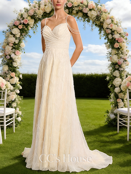 V-Neck A-Line Bridal Gown - Sweep Train Lace Wedding Dress with Pleated Beading and Sequins
