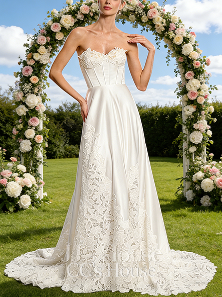 Sweetheart Neck A-Line Bridal Gown - Sweep Train Satin Lace Wedding Dress