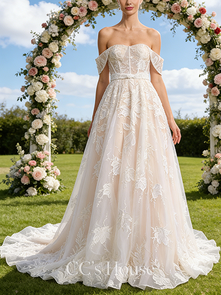 Off-the-Shoulder A-Line Bridal Gown - Court Train Lace Wedding Dress with Flower Sequins