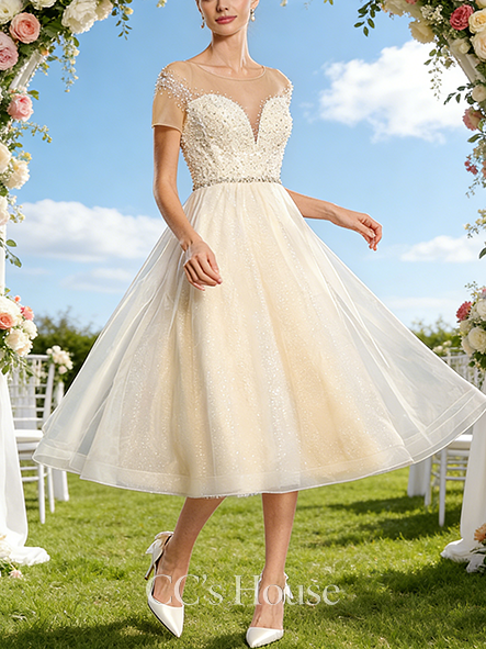 Scoop Illusion Neck A-Line Bridal Gown - Tea-Length Tulle Wedding Dress with Rhinestone, Beading and Sequins