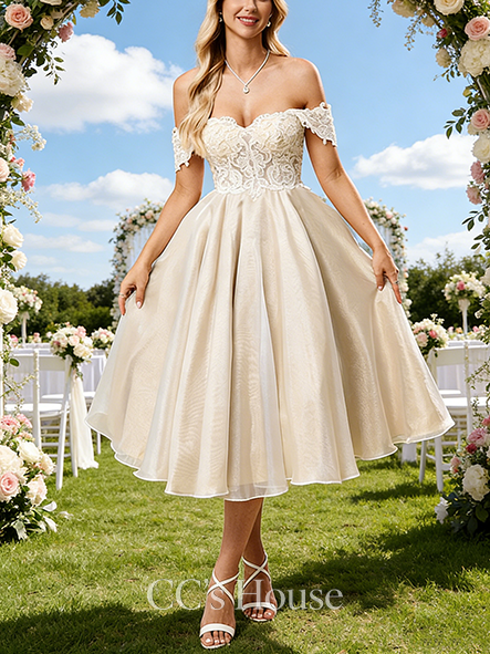 Off-the-Shoulder A-Line Bridal Gown - Tea-Length Tulle Lace Wedding Dress