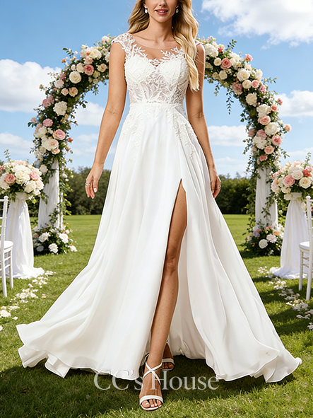 Illusion Scoop Neck A-Line Bridal Gown - Sweep Train Lace Chiffon Wedding Dress with Cape