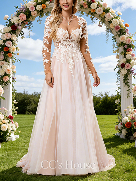 Sweetheart Neck A-Line Bridal Gown - Sweep Train Tulle Lace Wedding Dress