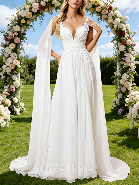 Scoop Illusion Neck A-Line Bridal Gown - Sweep Train Chiffon Lace Wedding Dress with Beading